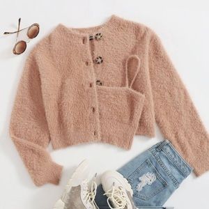 Fuzzy button front cardigan set